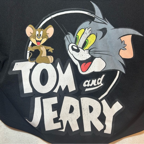 Tom & Jerry Size S Black Mesh Crop Top Jersey‎ Short Sleeve V Neck 3 Buttons - Picture 7 of 10